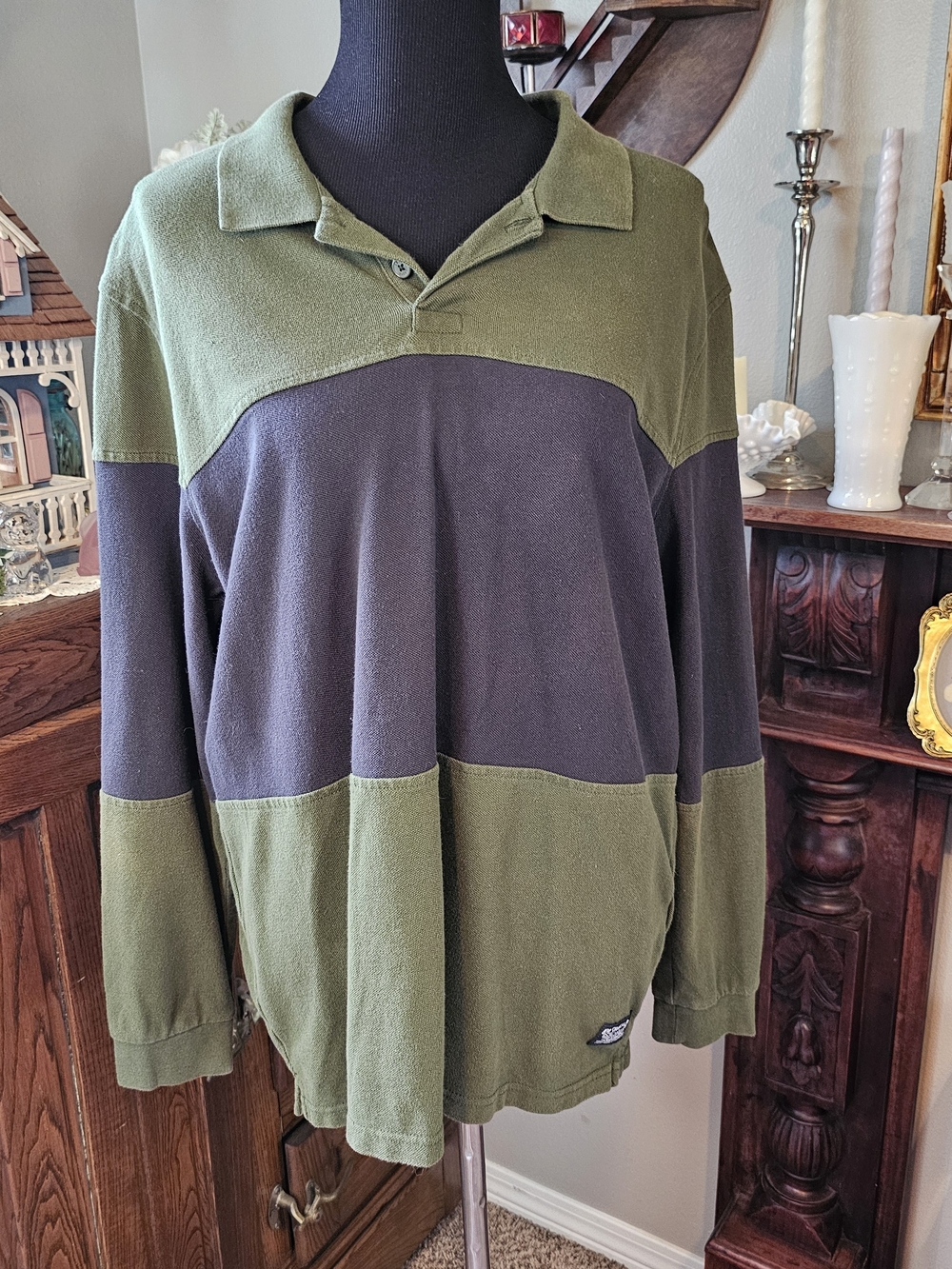 Levi's Relaxed Colorblock Rugby Polo Shirt Large Green Gray Long Sleeve